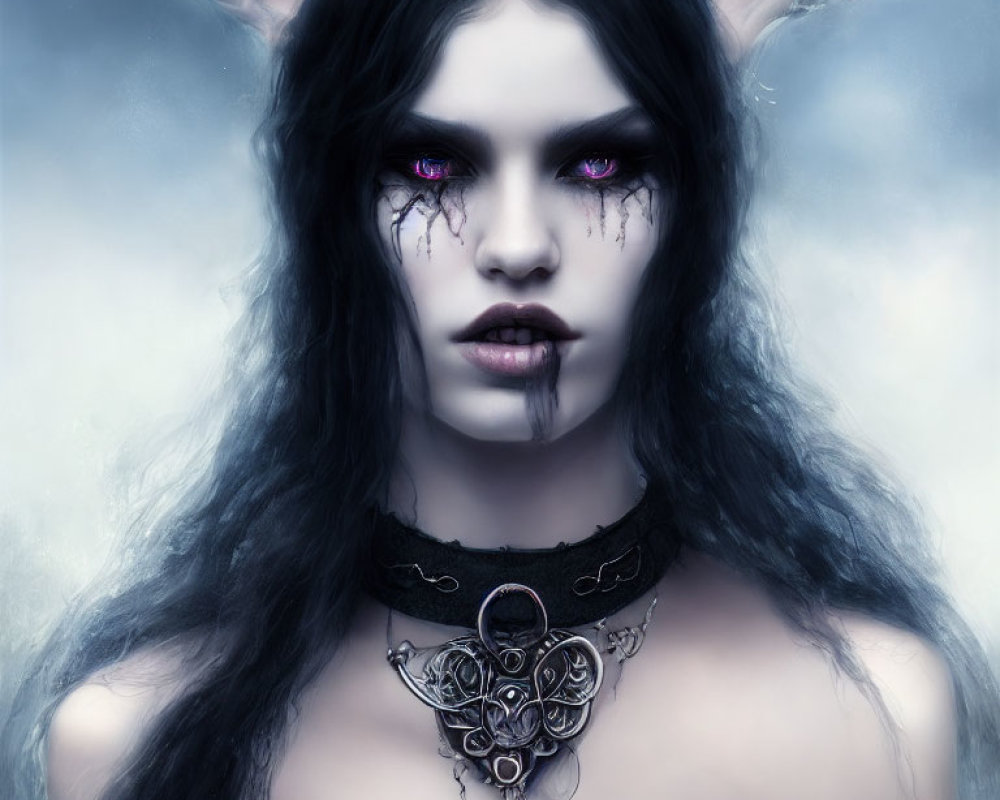 Gothic fantasy portrait of a woman with horns, dark hair, violet eyes, and pendant necklace