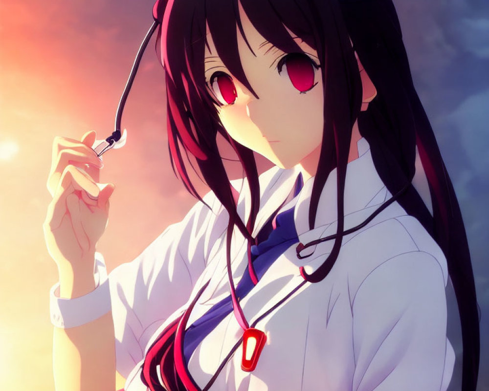 Anime girl with long black hair and red eyes in white and blue outfit with sunset background