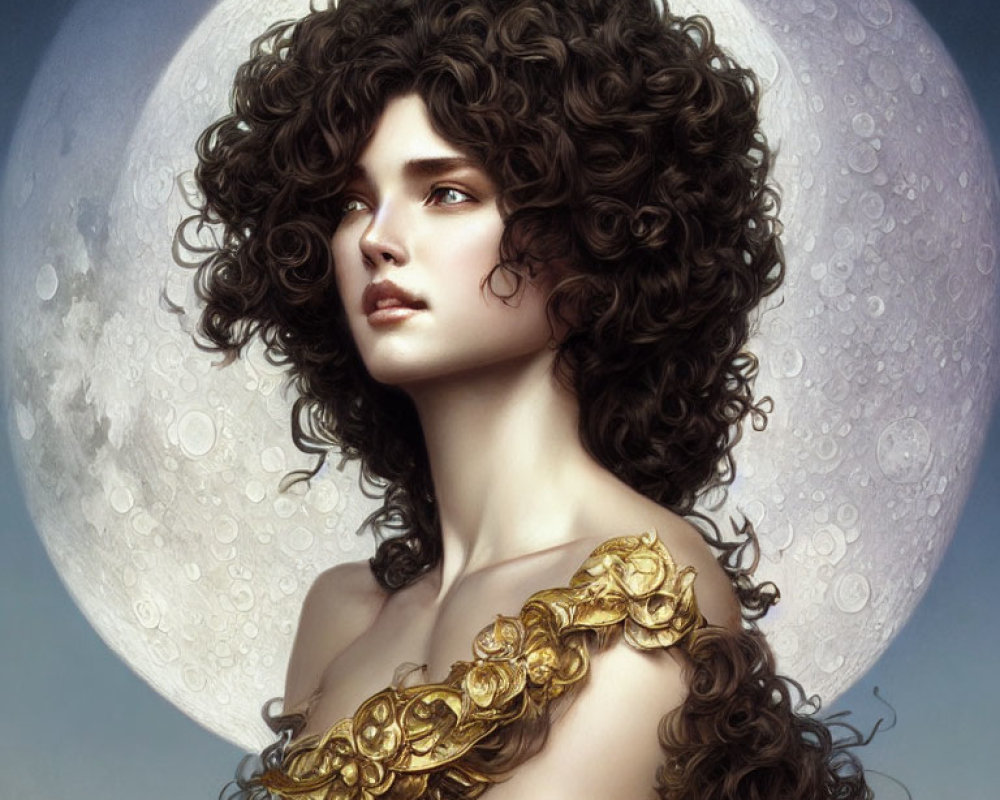 Digital art portrait of woman with curly hair and golden shoulder piece under full moon