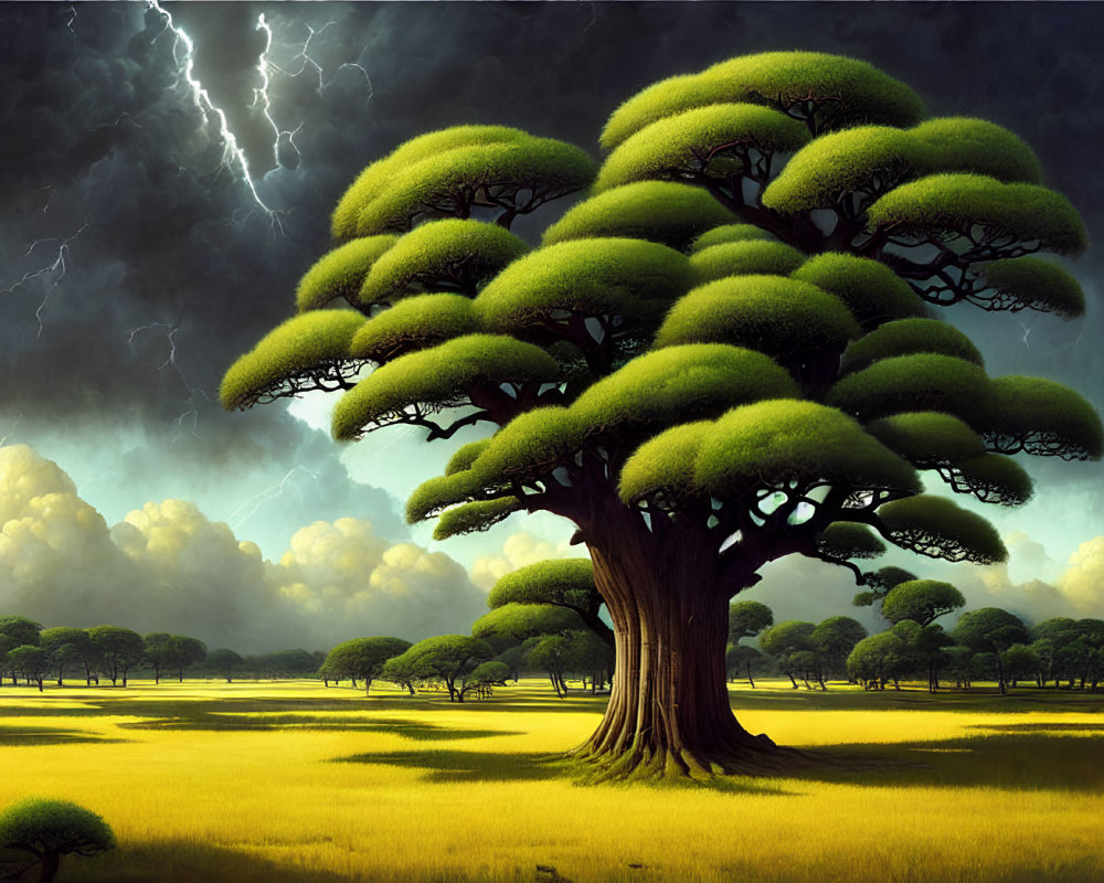 Prominent large tree in surreal landscape under stormy sky