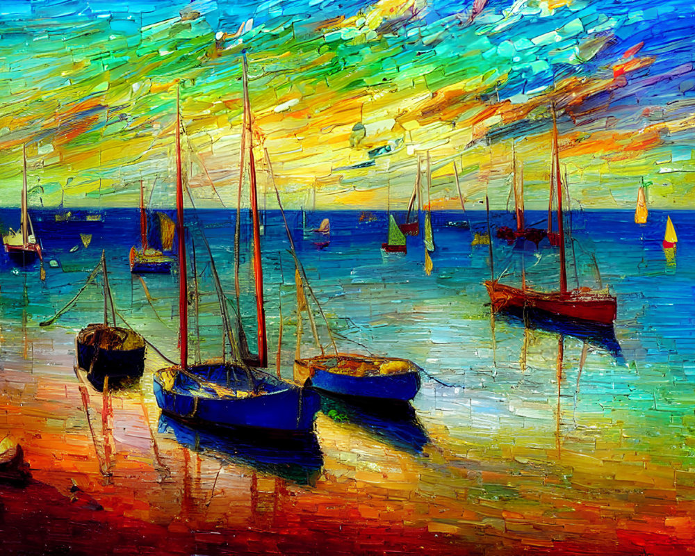 Colorful oil painting of boats on reflective water with textured brushstrokes and sunset sky