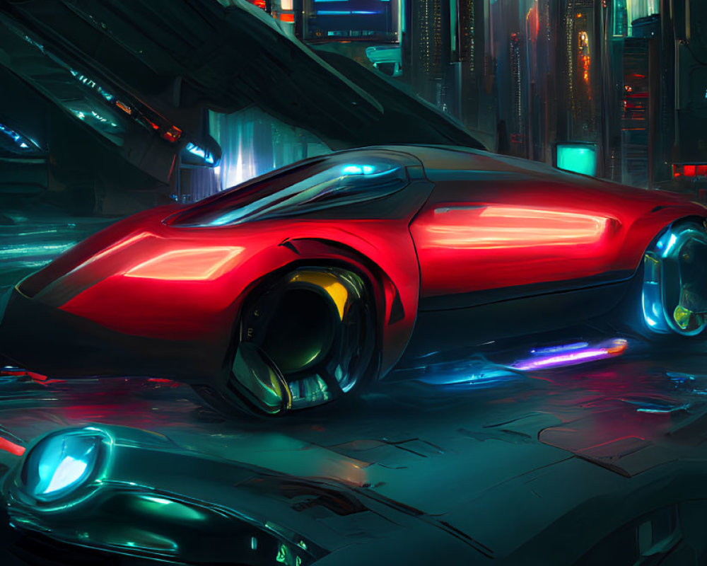 Futuristic red car in neon-lit cyberpunk cityscape