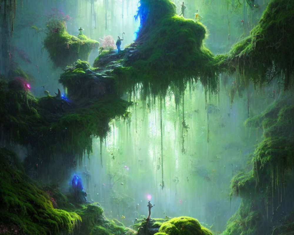 Ethereal forest with green moss, flowers, vines, and silhouetted figures