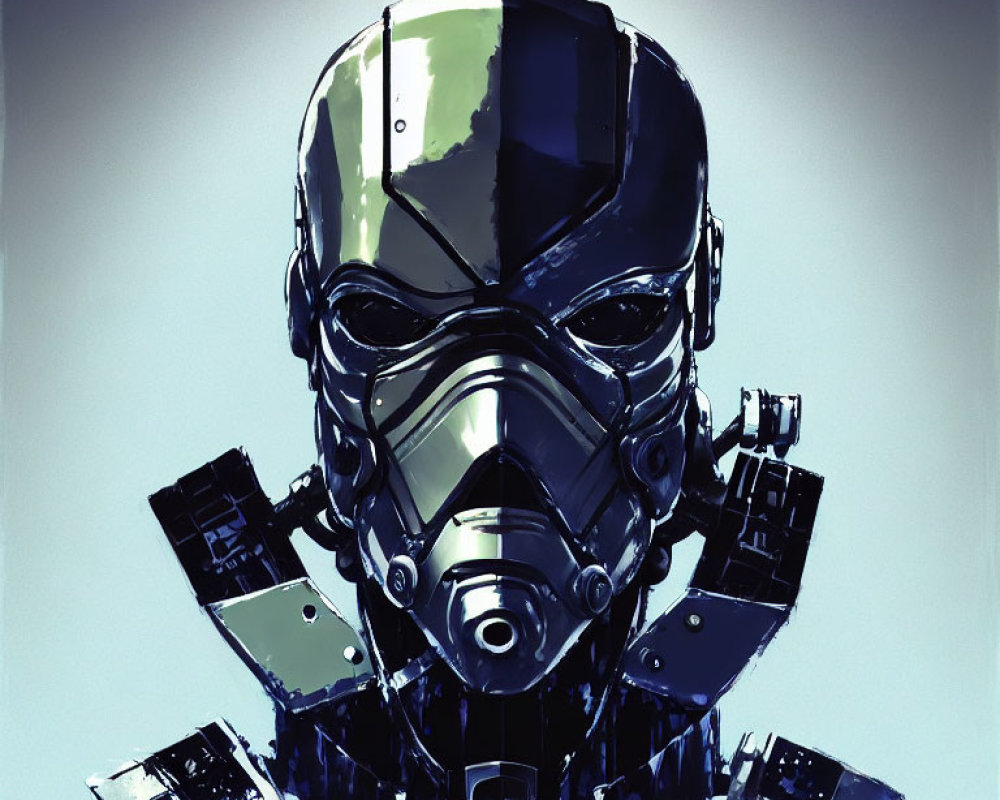 Futuristic robot with glossy metallic helmet and intricate mechanical details on shoulders on light blue background.