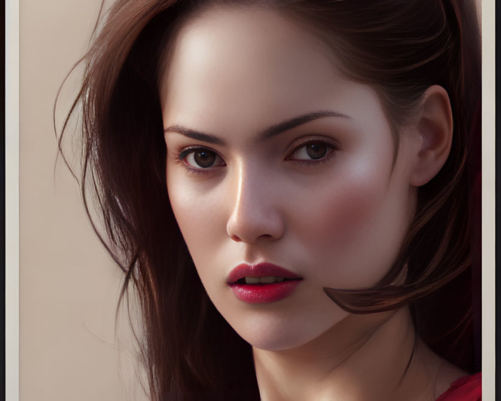 Portrait of woman with fair skin and dark hair in red top gazes at viewer