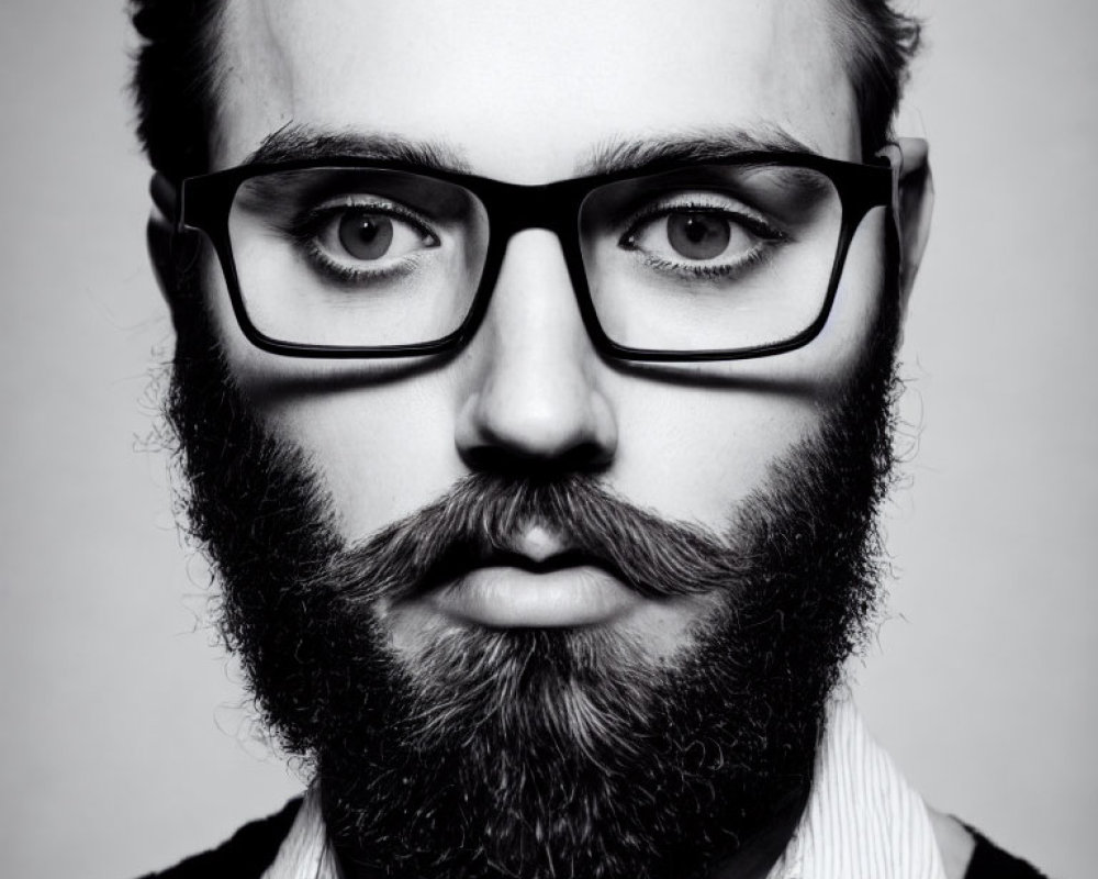 Monochromatic portrait of bearded man with glasses and intense gaze