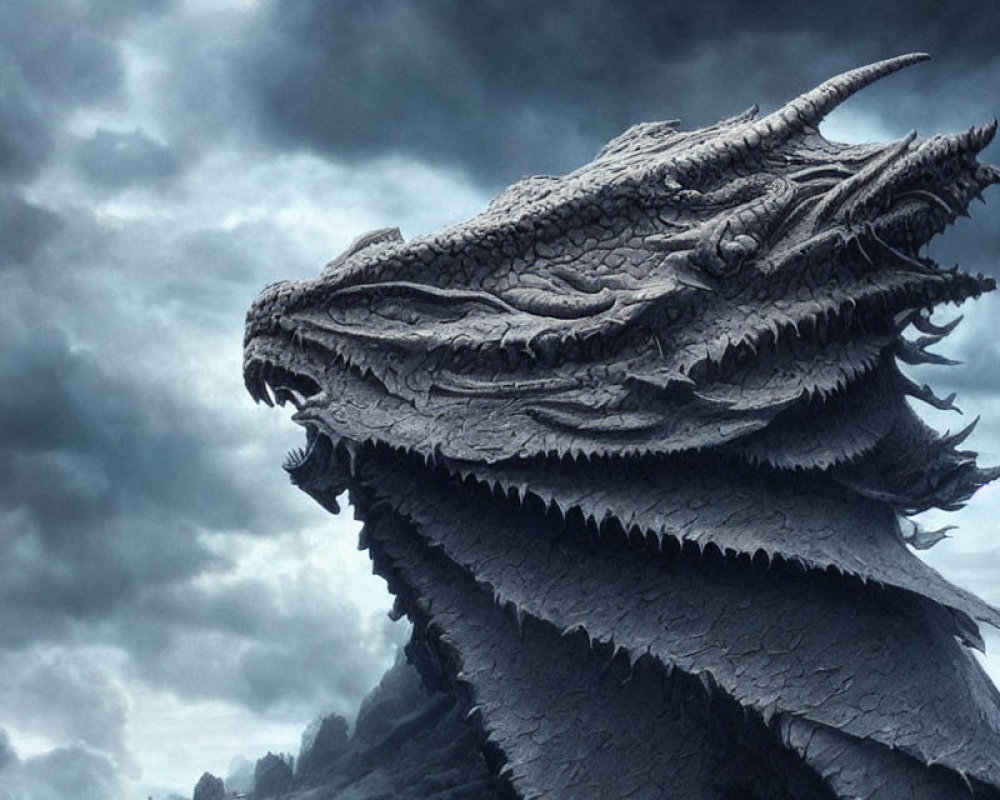 Majestic dragon with intricate scales under gloomy sky