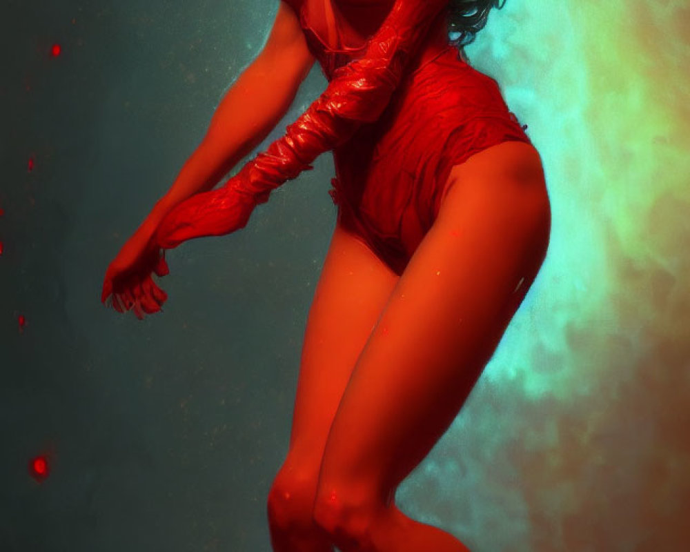 Stylized image of woman in red outfit with glowing background.