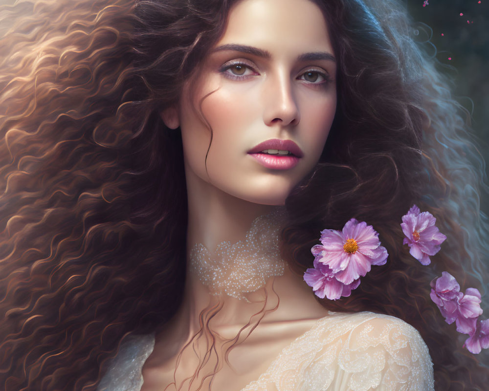 Portrait of Woman with Curly Hair, Captivating Eyes, Flowers, and Lace Dress