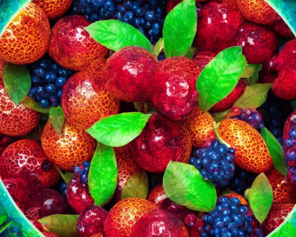 Colorful Mix of Ripe Strawberries, Blueberries, and Green Leaves