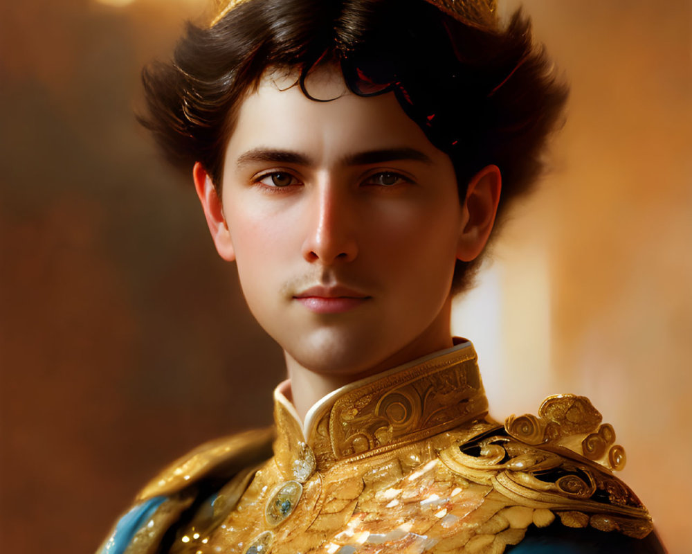 Young man in regal crown and ornate uniform exudes nobility