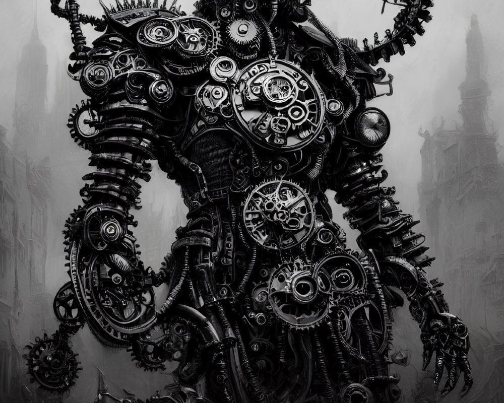 Intricate gear-filled robot in foggy industrial cityscape