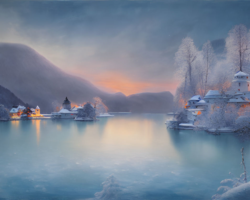 Snow-covered winter landscape with lakeside buildings and trees under pastel sky