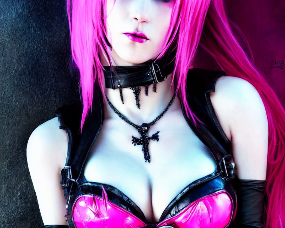 Vibrant pink hair, striking makeup, black leather outfit with choker and cross necklace