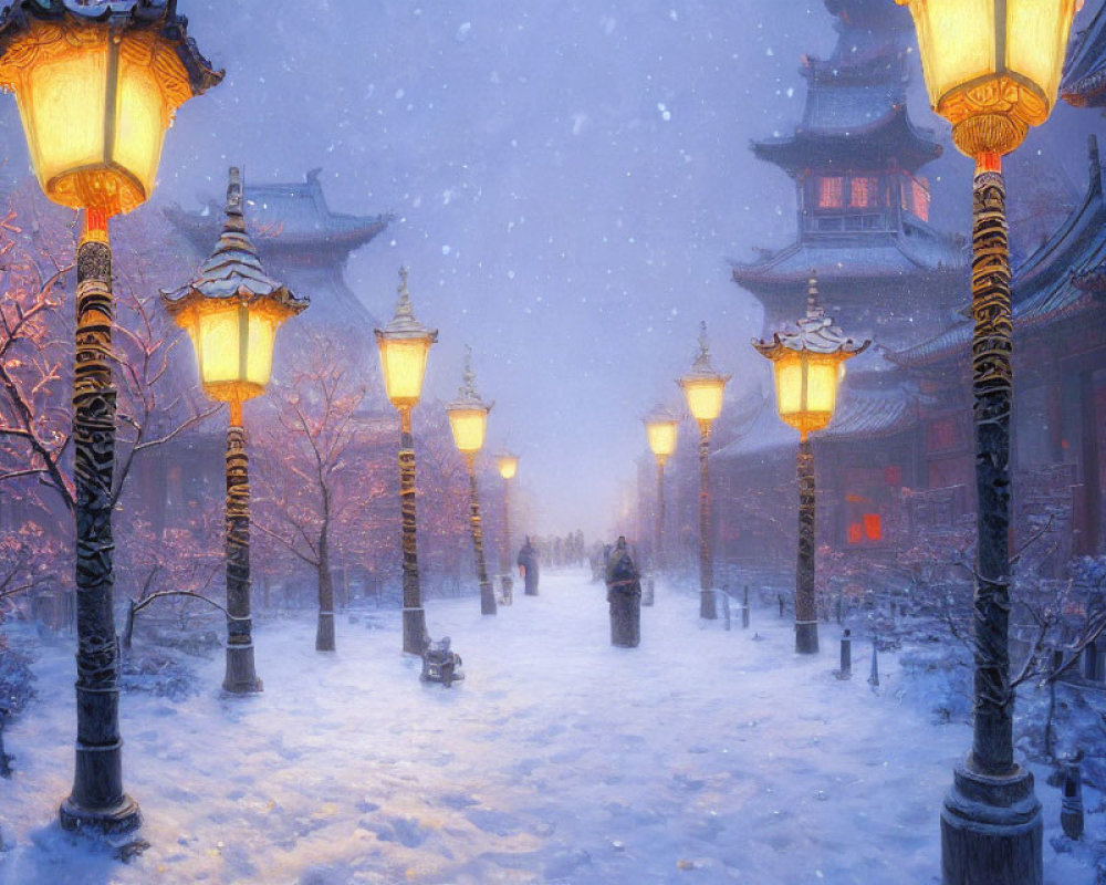 Snow-covered Path with Glowing Lanterns to Ancient Asian Temple in Snowfall