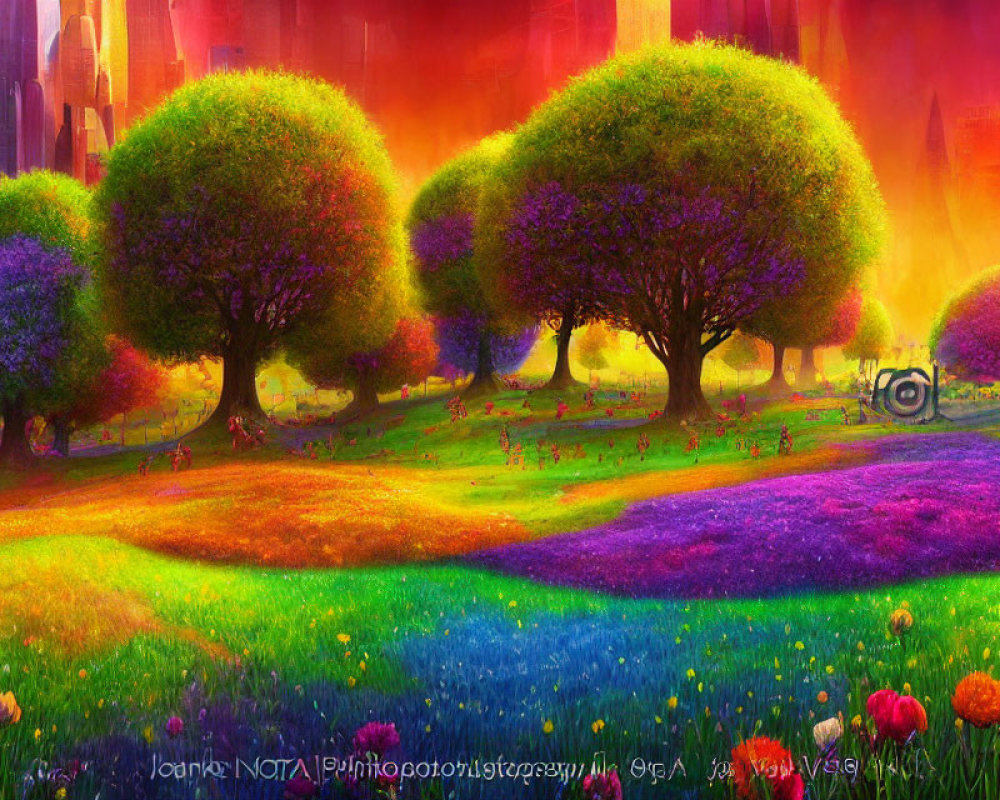 Lush trees, colorful flowers, and ethereal lighting in vivid landscape