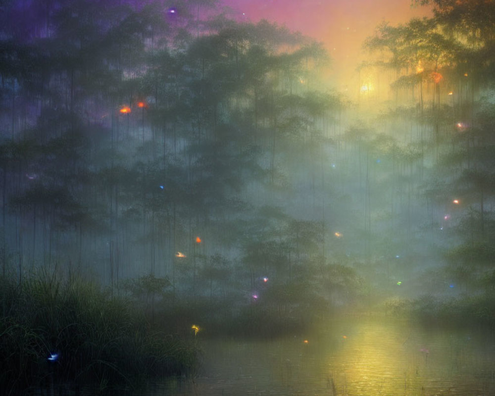 Enchanting forest scene with floating orbs over river at twilight