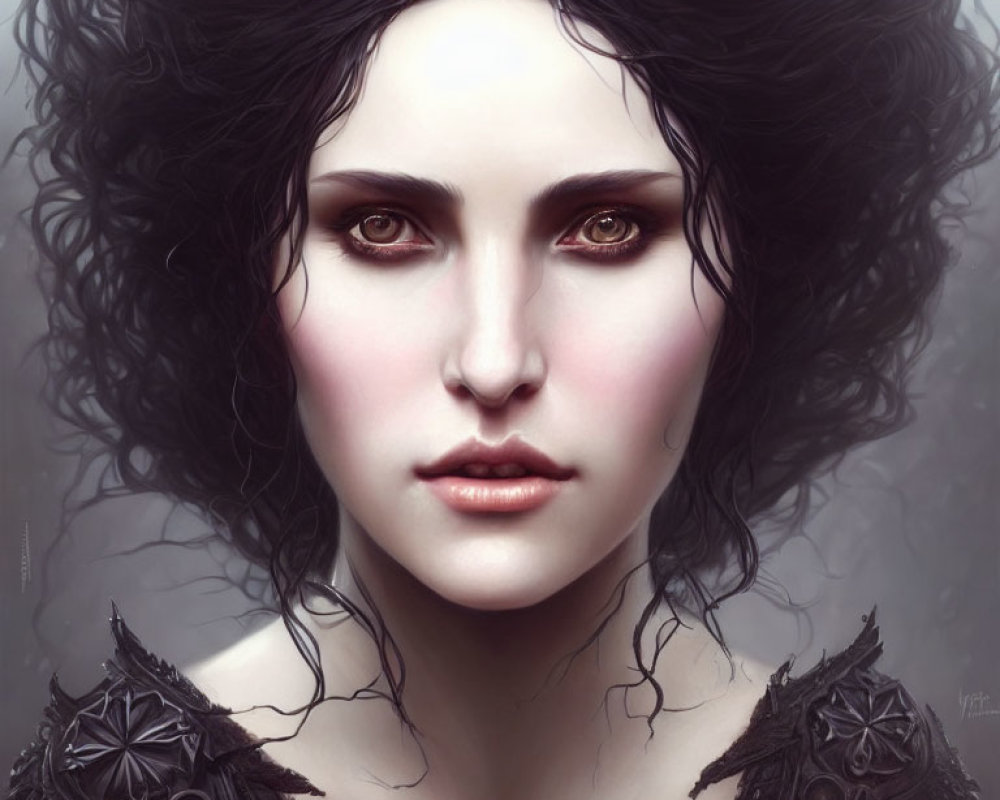 Digital portrait of woman with pale skin, brown eyes, full lips, and curly black hair in dark