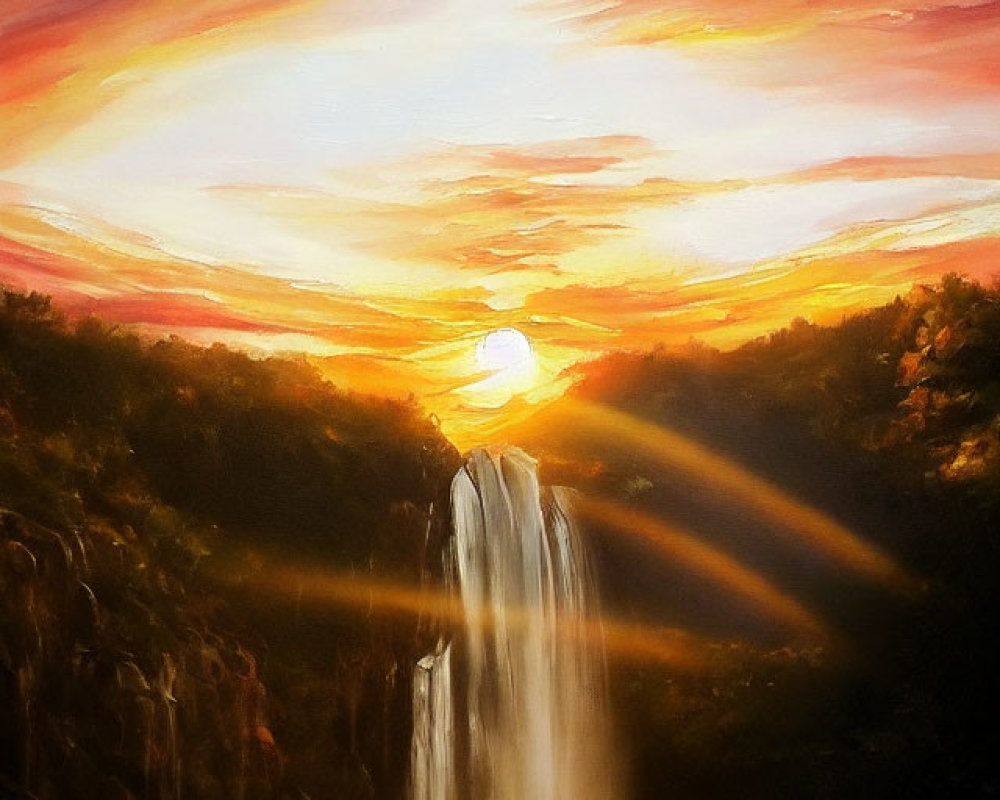 Vibrant sunset sky over picturesque waterfall