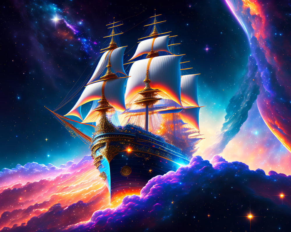 Sailing ship with lanterns in cosmic sky