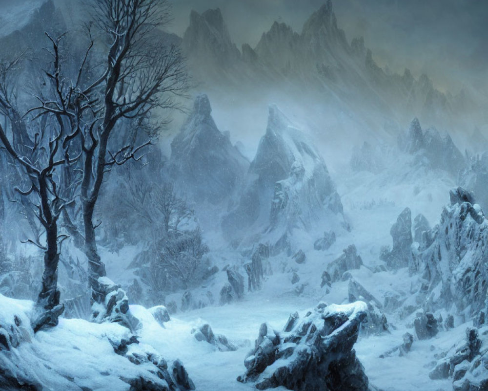 Snowy Landscape with Leafless Tree, Rocky Terrain, and Misty Mountain Peaks