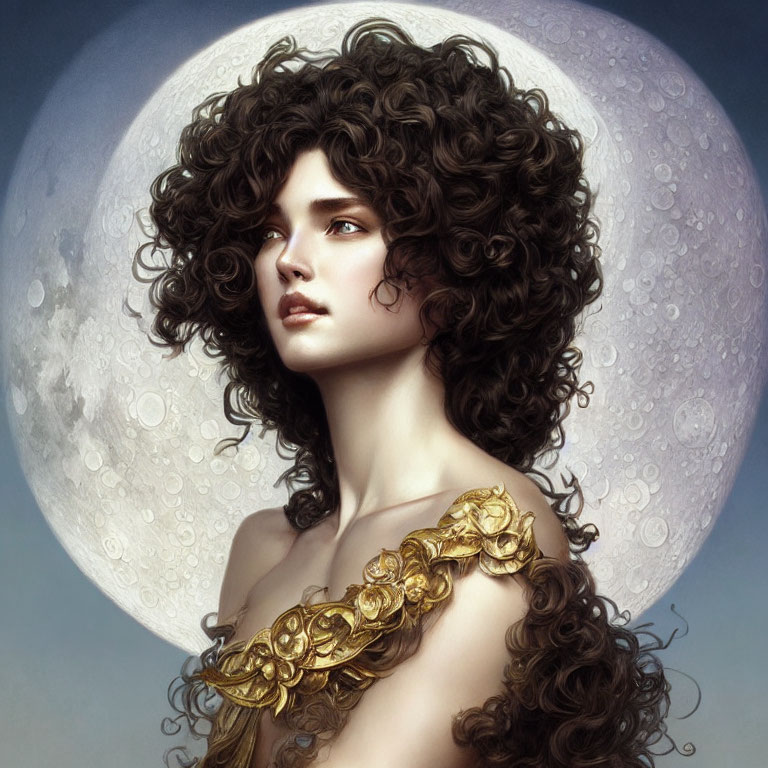 Digital art portrait of woman with curly hair and golden shoulder piece under full moon