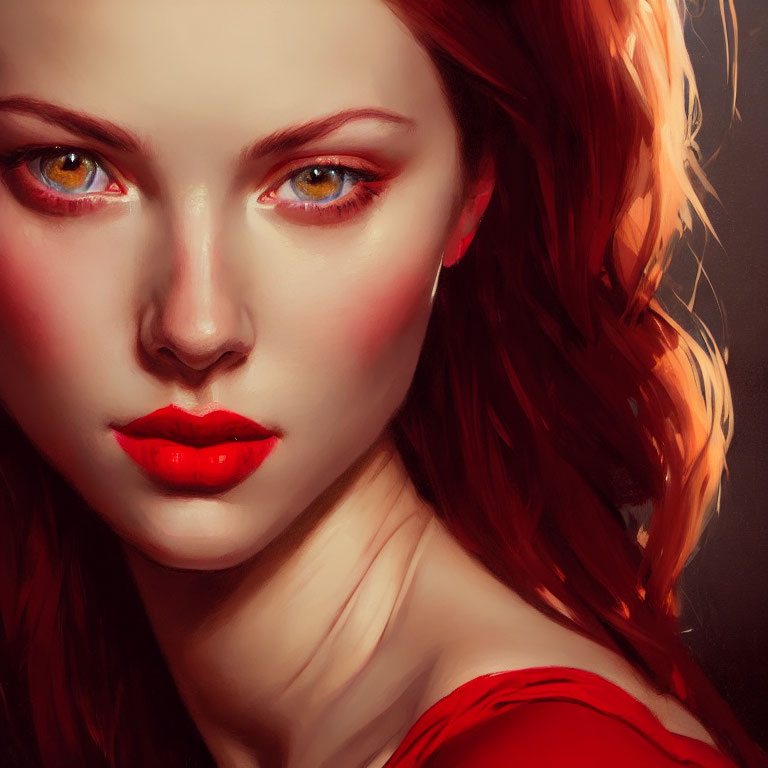 Close-up portrait of woman with red hair, eyes, and lipstick.