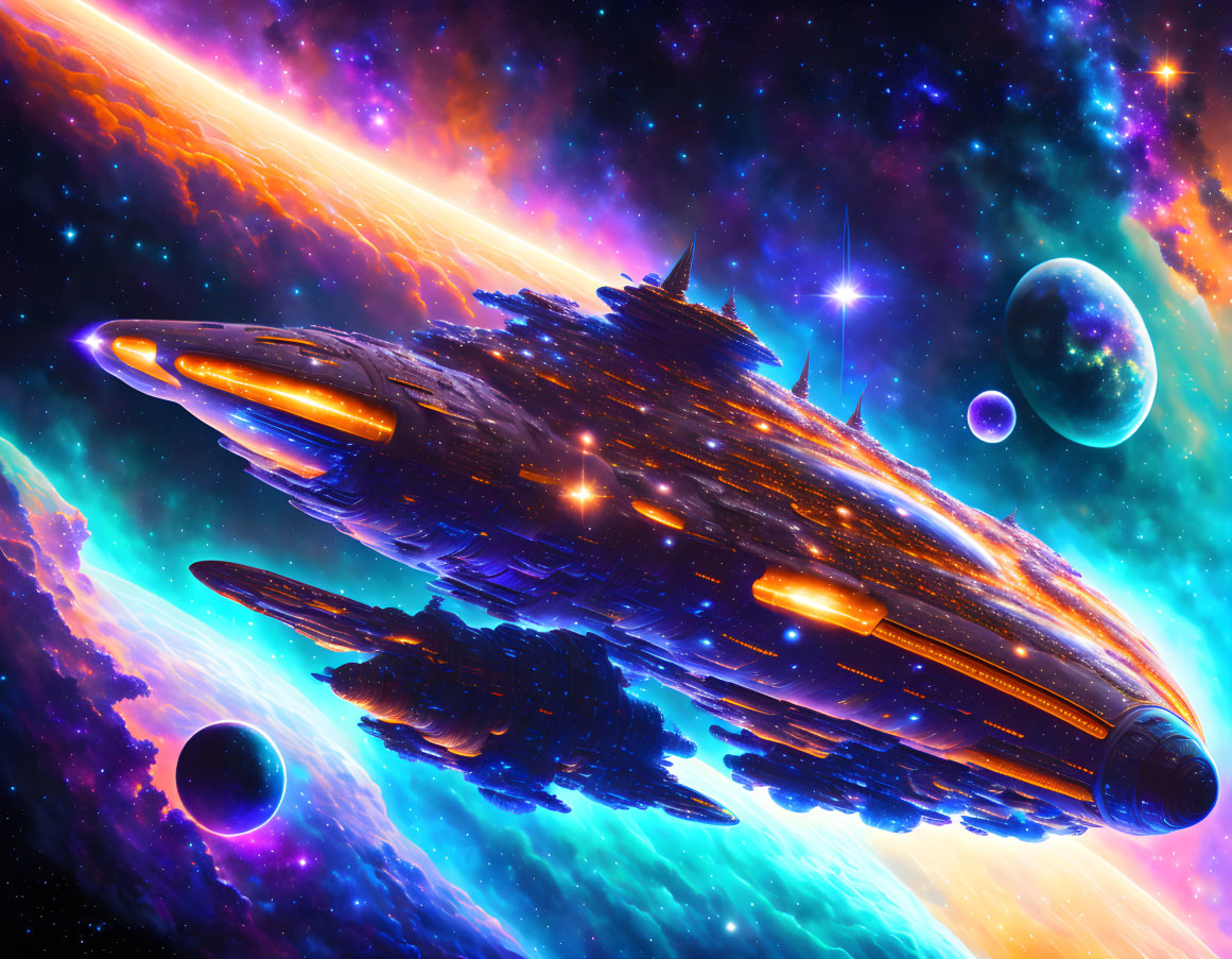 Large spaceship in colorful nebula with planets and stars