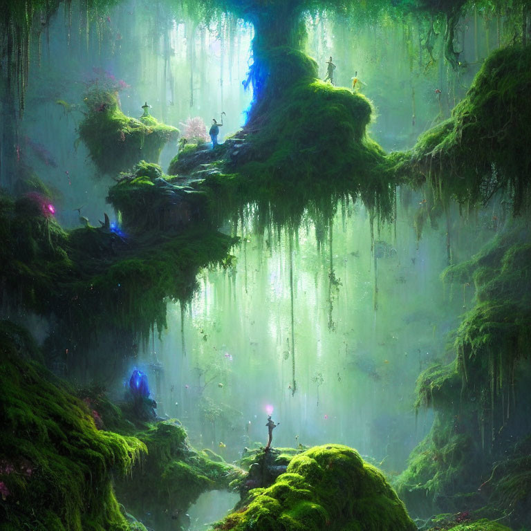 Ethereal forest with green moss, flowers, vines, and silhouetted figures