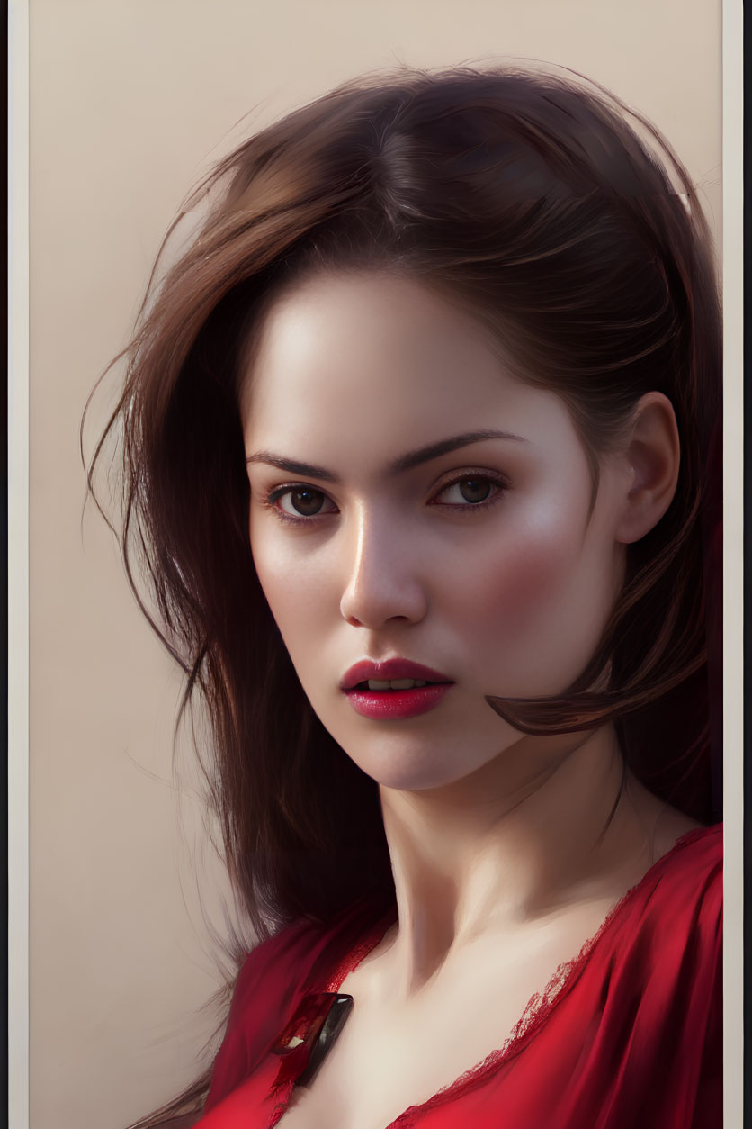 Portrait of woman with fair skin and dark hair in red top gazes at viewer