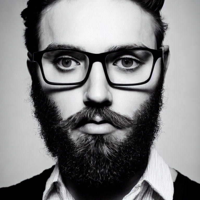 Monochromatic portrait of bearded man with glasses and intense gaze