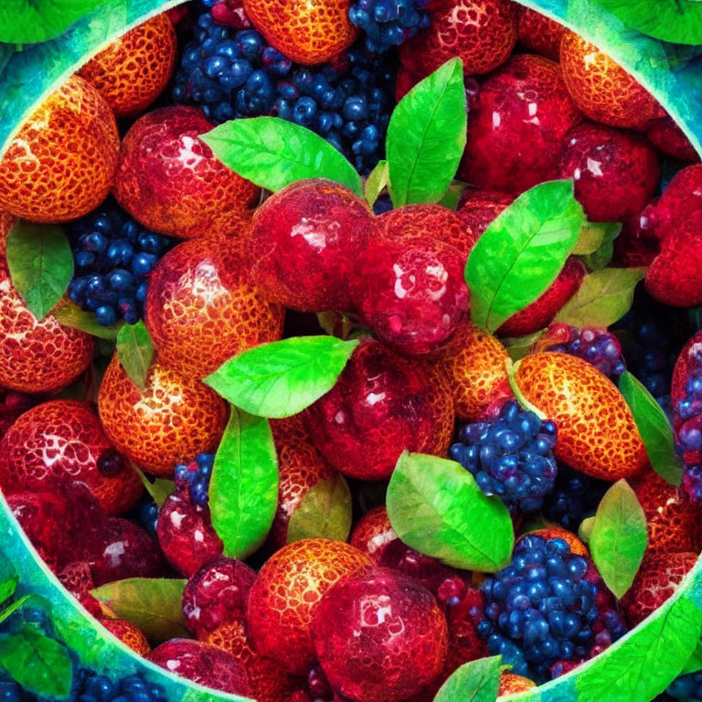 Colorful Mix of Ripe Strawberries, Blueberries, and Green Leaves