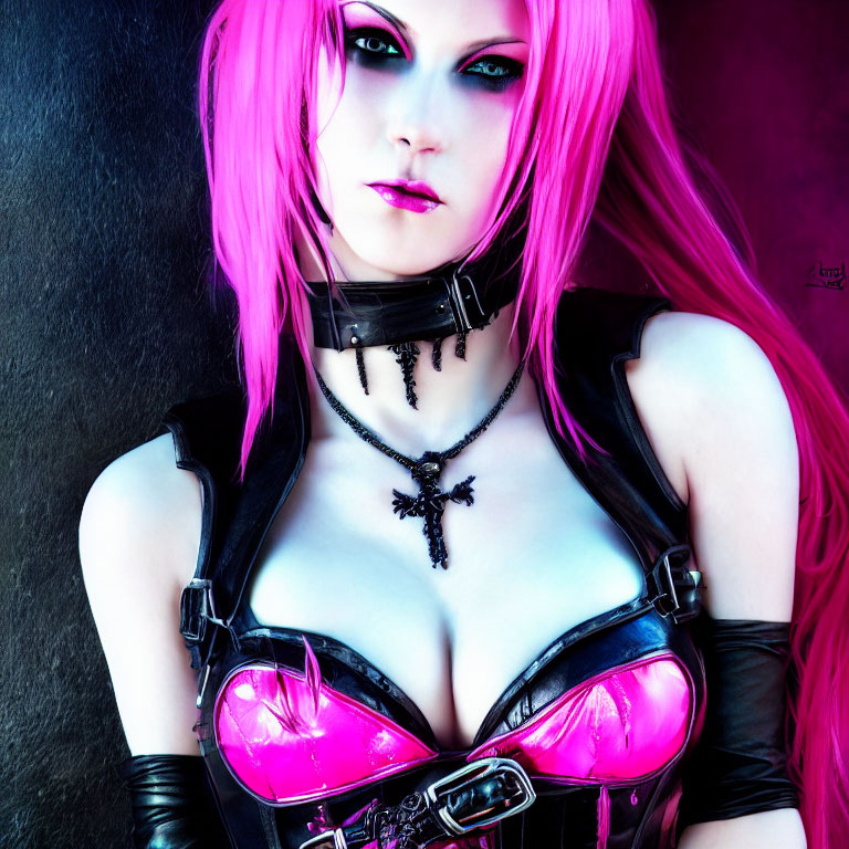 Vibrant pink hair, striking makeup, black leather outfit with choker and cross necklace