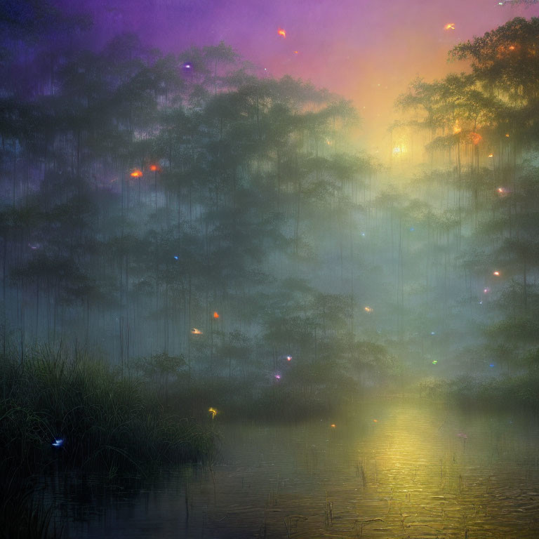 Enchanting forest scene with floating orbs over river at twilight