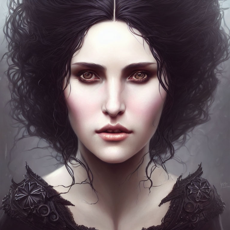 Digital portrait of woman with pale skin, brown eyes, full lips, and curly black hair in dark