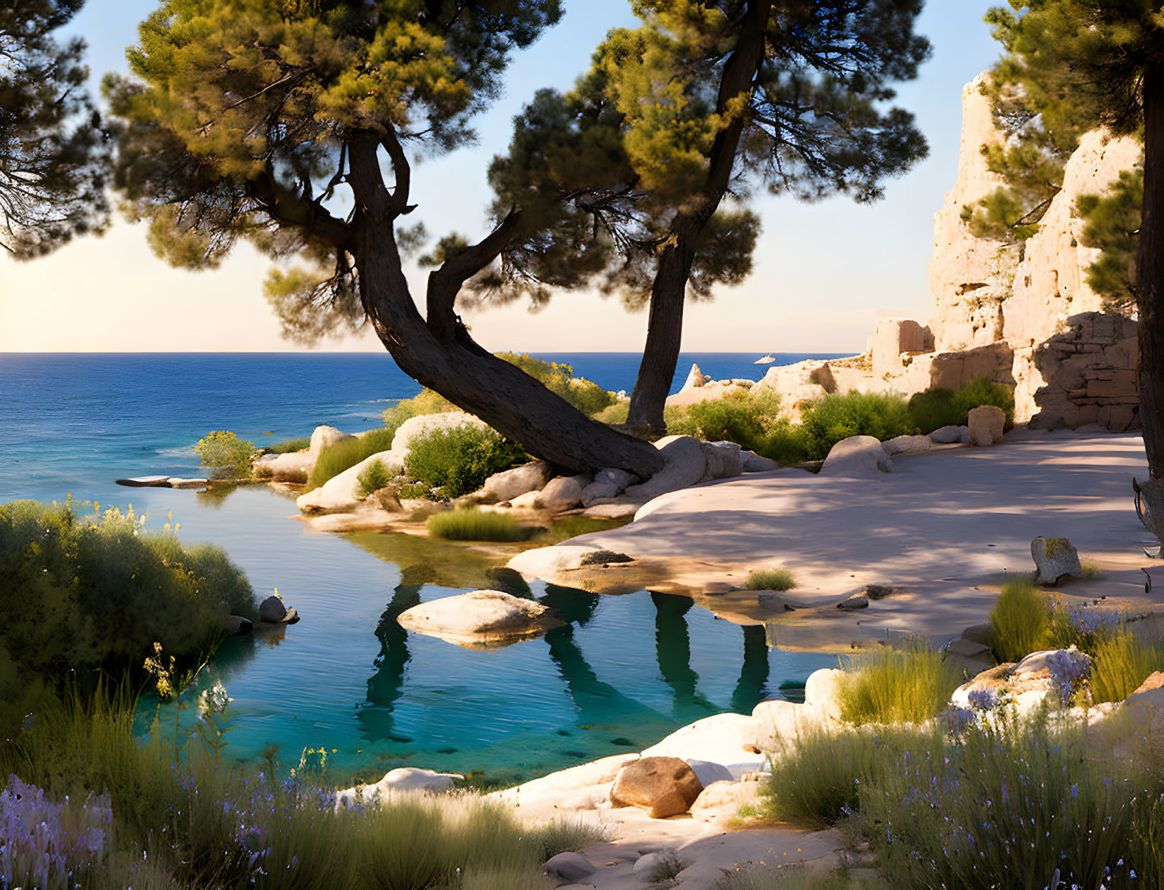 Tranquil Coastal Landscape: Turquoise Waters, Sandy Shore, Pine Trees, Cliffs