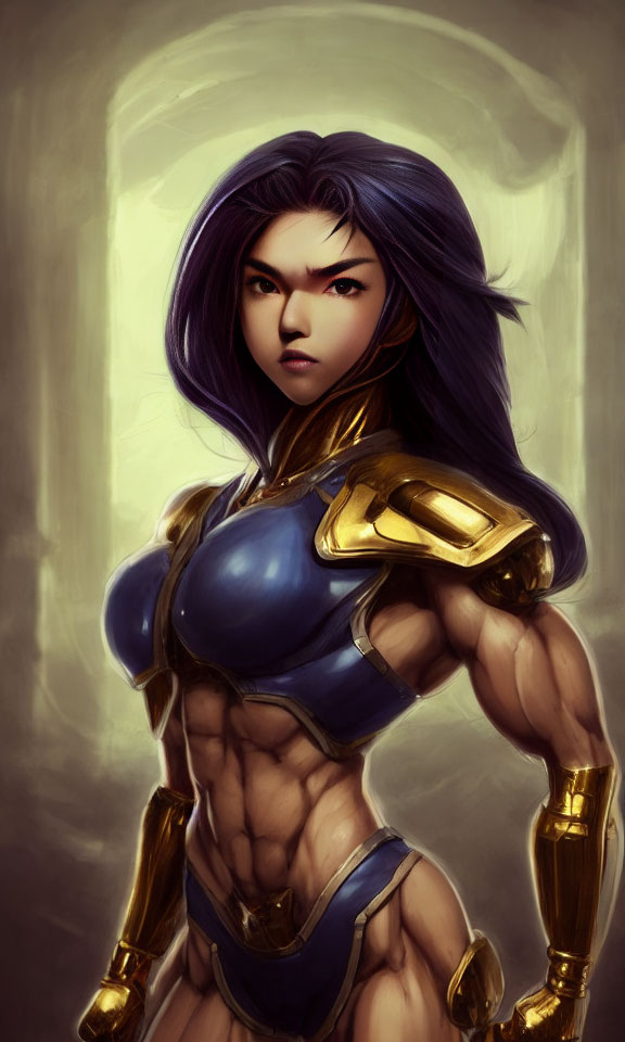 Muscular woman with purple hair in blue and gold armor against soft-glowing background