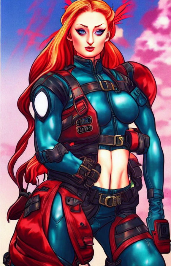 Red-Haired Woman in Futuristic Bodysuit and Armor on Colorful Background