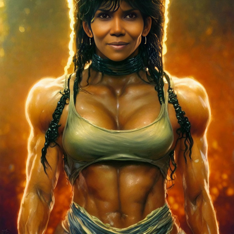 Muscular woman in green tank top with fiery backdrop