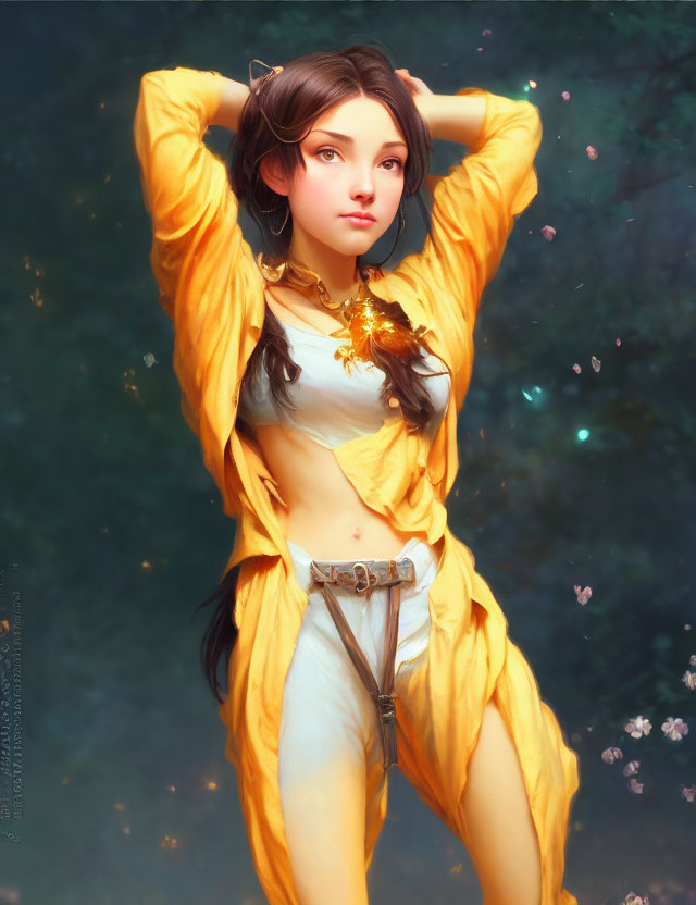 Digital artwork of woman in yellow fantasy outfit with glowing ornament, long hair, on green background.