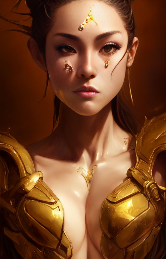 Stylized portrait of woman in golden armor with dramatic makeup