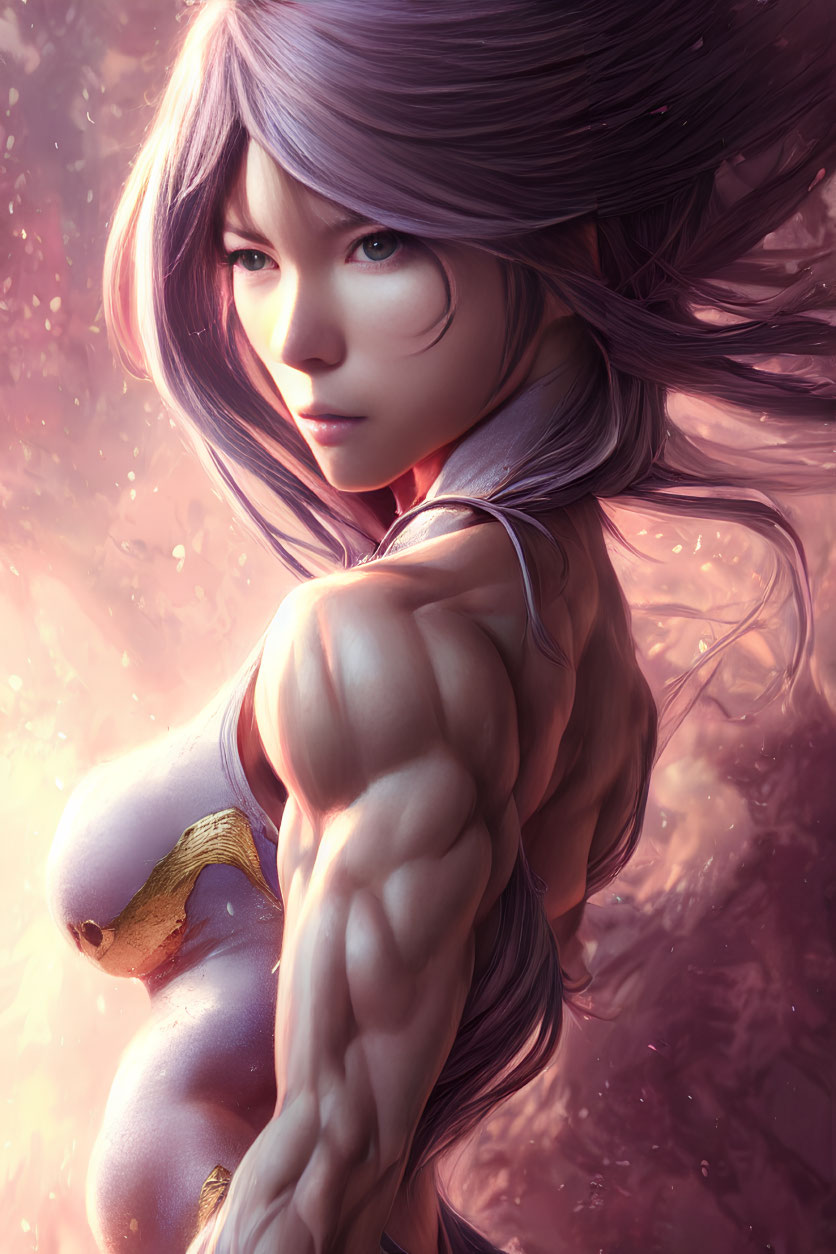 Fantasy character digital art: flowing purple hair, intense gaze, musculature, golden shoulder pad