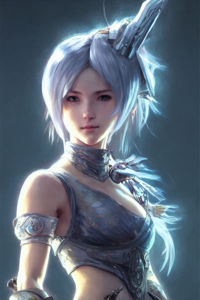 Digital artwork: Female character with pale blue hair, fair skin, striking blue eyes, in fantasy-style