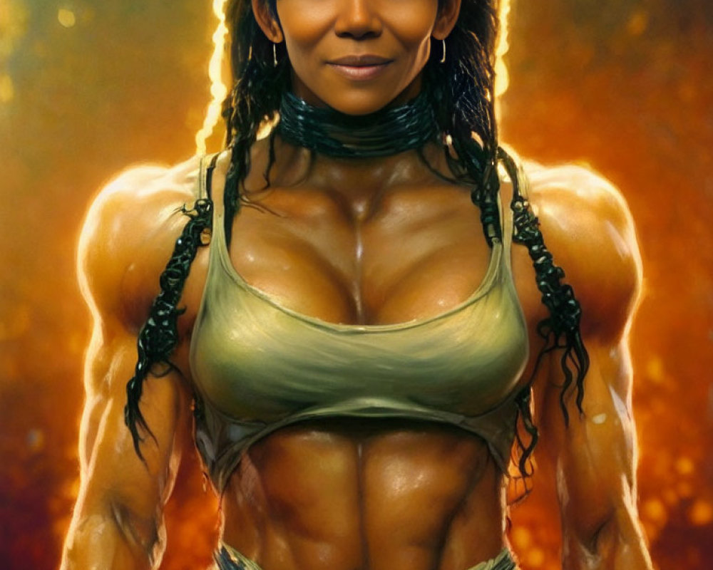 Muscular woman in green tank top with fiery backdrop