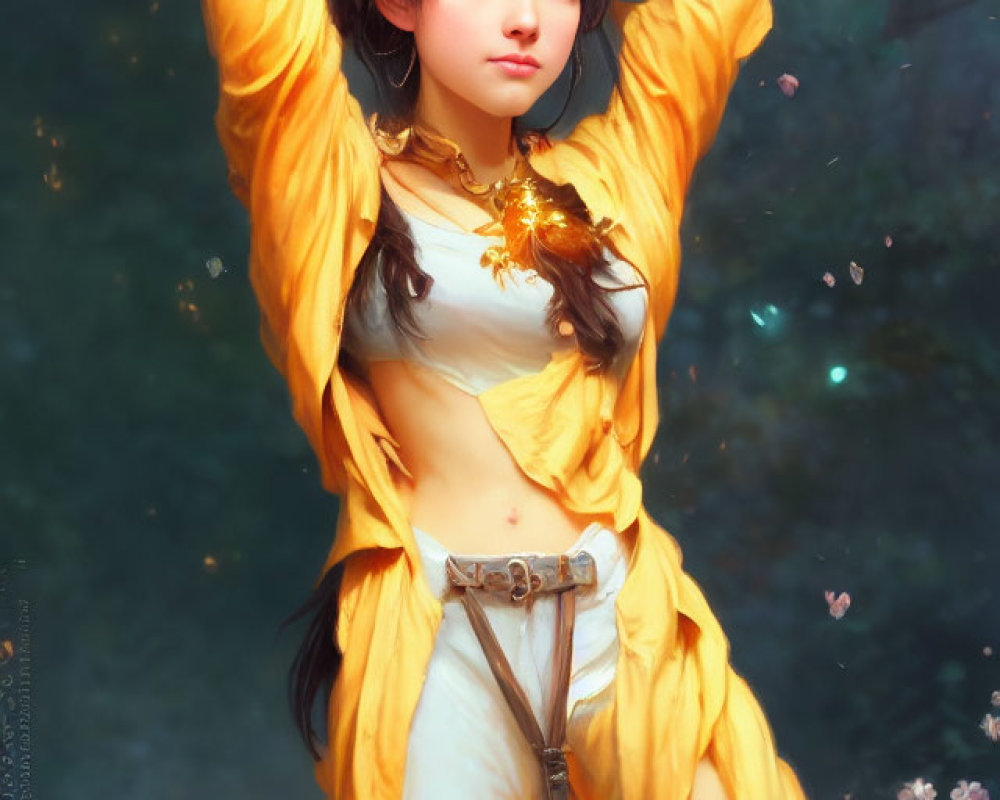 Digital artwork of woman in yellow fantasy outfit with glowing ornament, long hair, on green background.