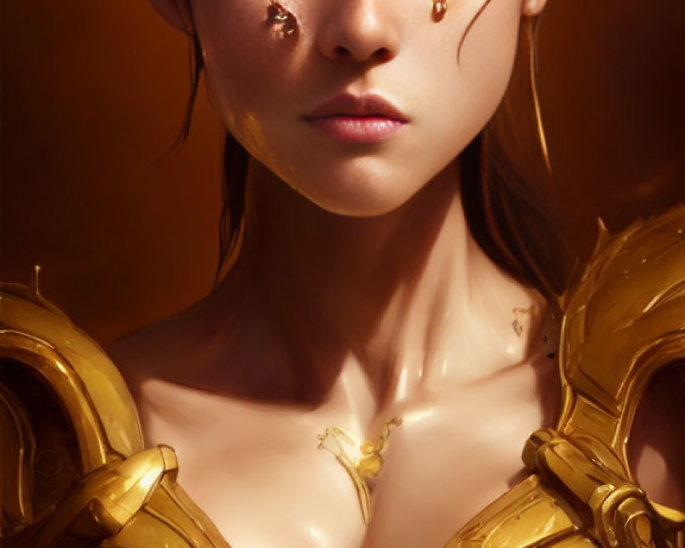 Stylized portrait of woman in golden armor with dramatic makeup