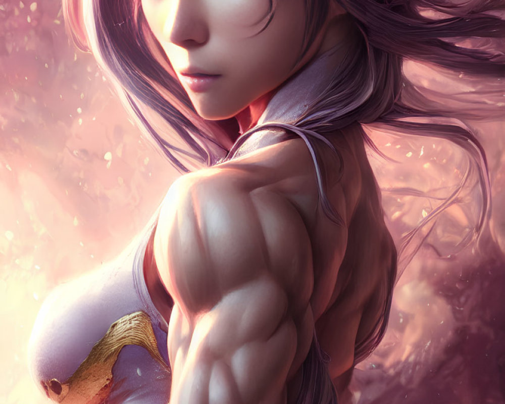 Fantasy character digital art: flowing purple hair, intense gaze, musculature, golden shoulder pad