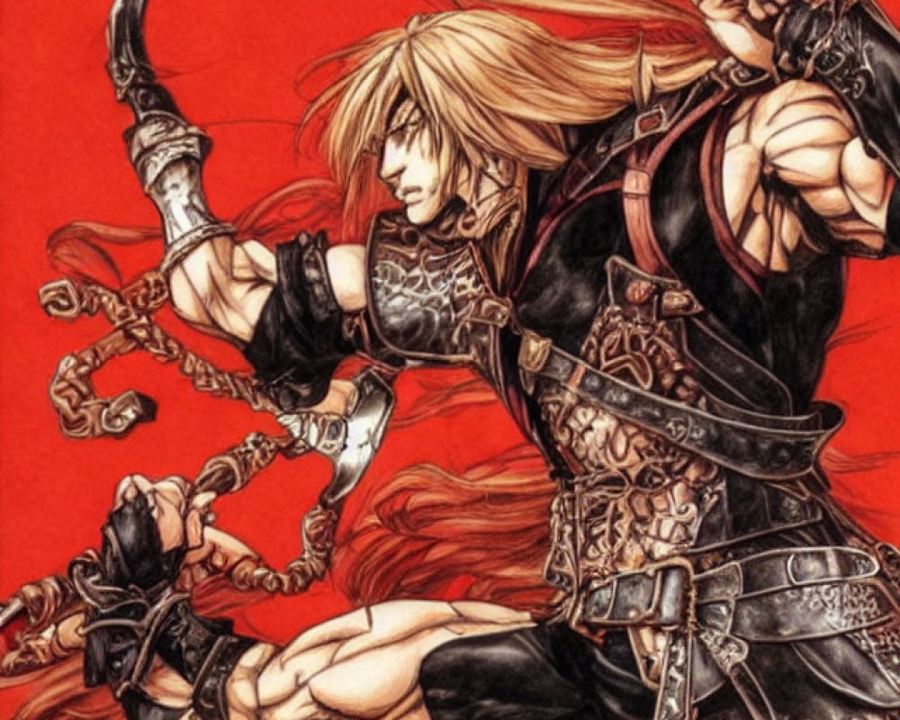 Long-haired warrior in black armor wields scythe on red background