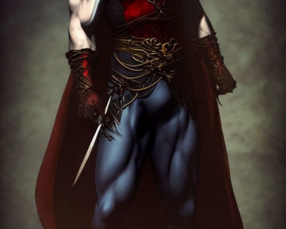 Muscular male character with dark hair in red chest piece, cape, and blue tights, holding