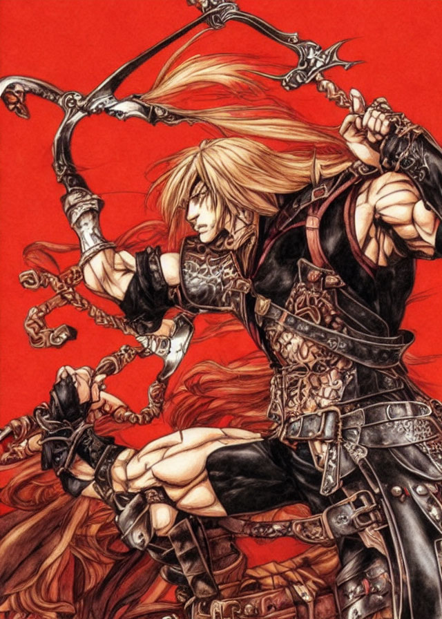 Long-haired warrior in black armor wields scythe on red background